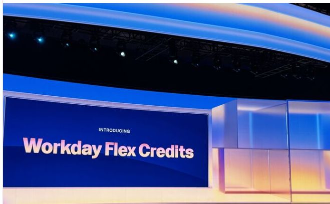 Introducing Workday Flex Credits, shown on the main stage at a Workday event.